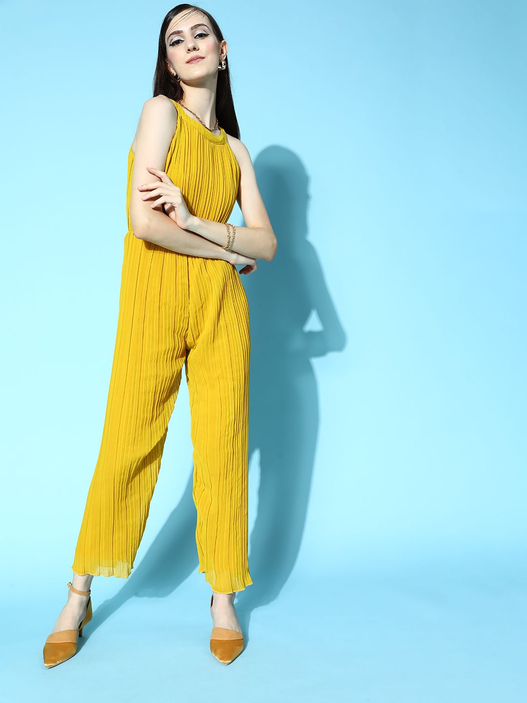 U&F Women Mustard Solid Pleated Form Jumpsuit Price in India