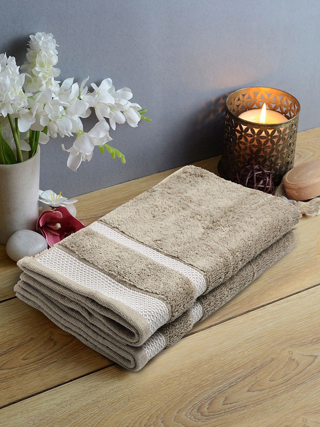 SPACES Set Of 2 Brown Solid 600 GSM Pure Cotton Hand Towels Price in India