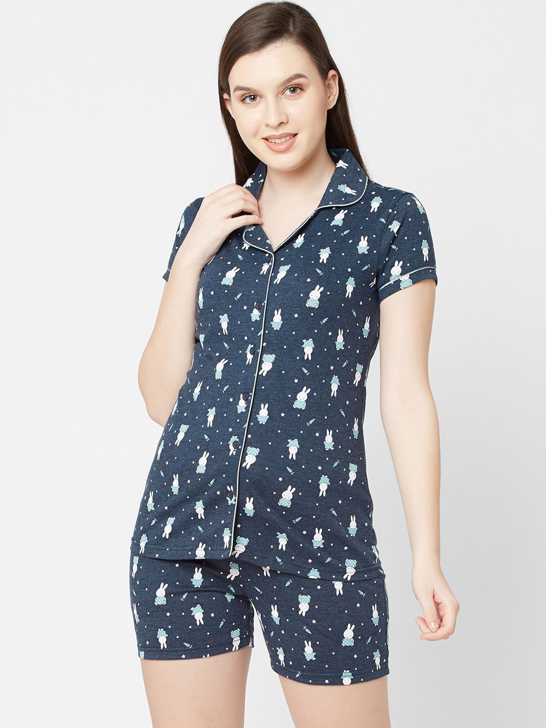 Sweet Dreams Women Navy Blue Printed Cotton Night suit Price in India