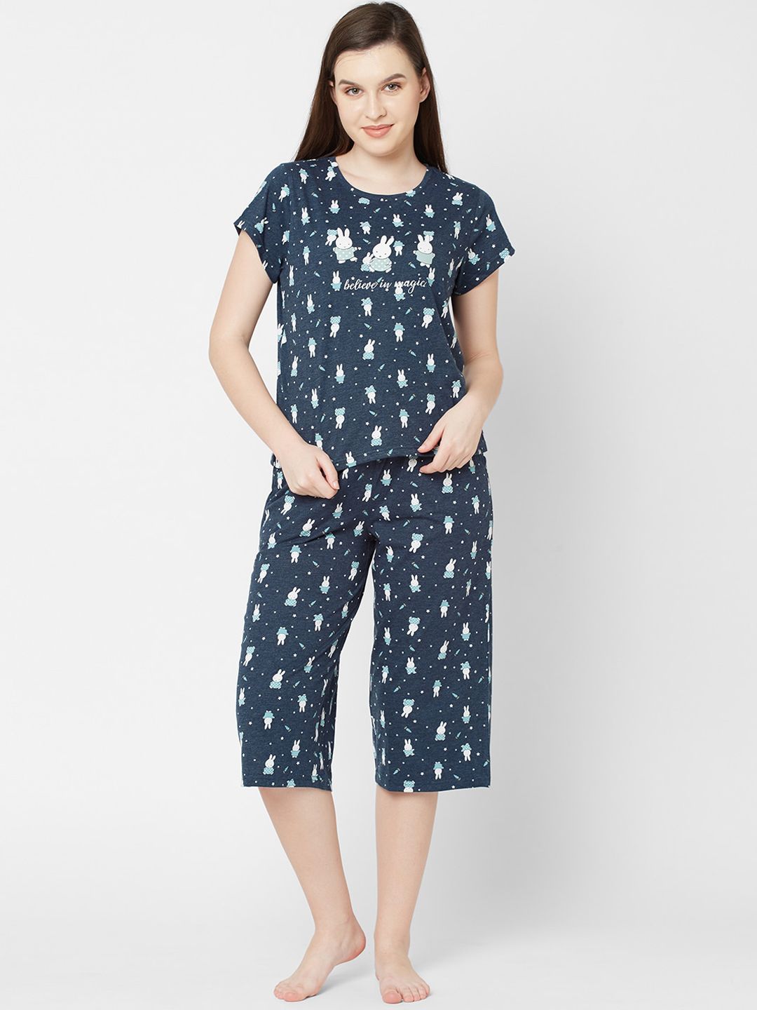 Sweet Dreams Women Navy Blue & White Printed Night suit Price in India