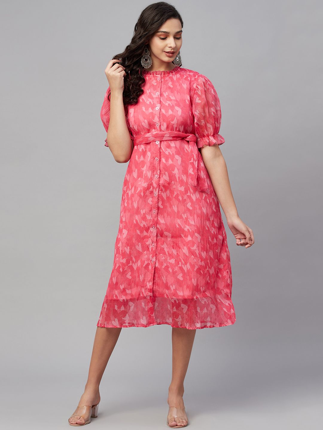 Myshka Pink Printed Puff Sleeves Organza A-Line Maxi Dress Price in India