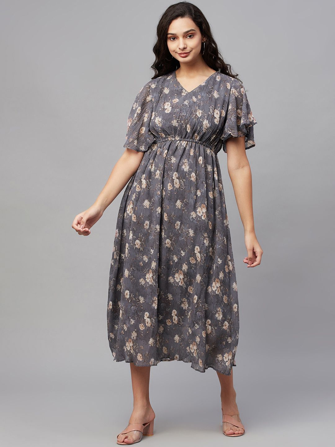 Myshka Charcoal Grey & Beige Floral Flutter Georgette Midi Dress Price in India