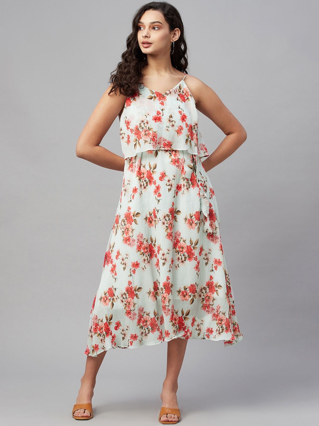 Myshka White & Peach-Coloured Floral Georgette A-Line Midi Dress Price in India