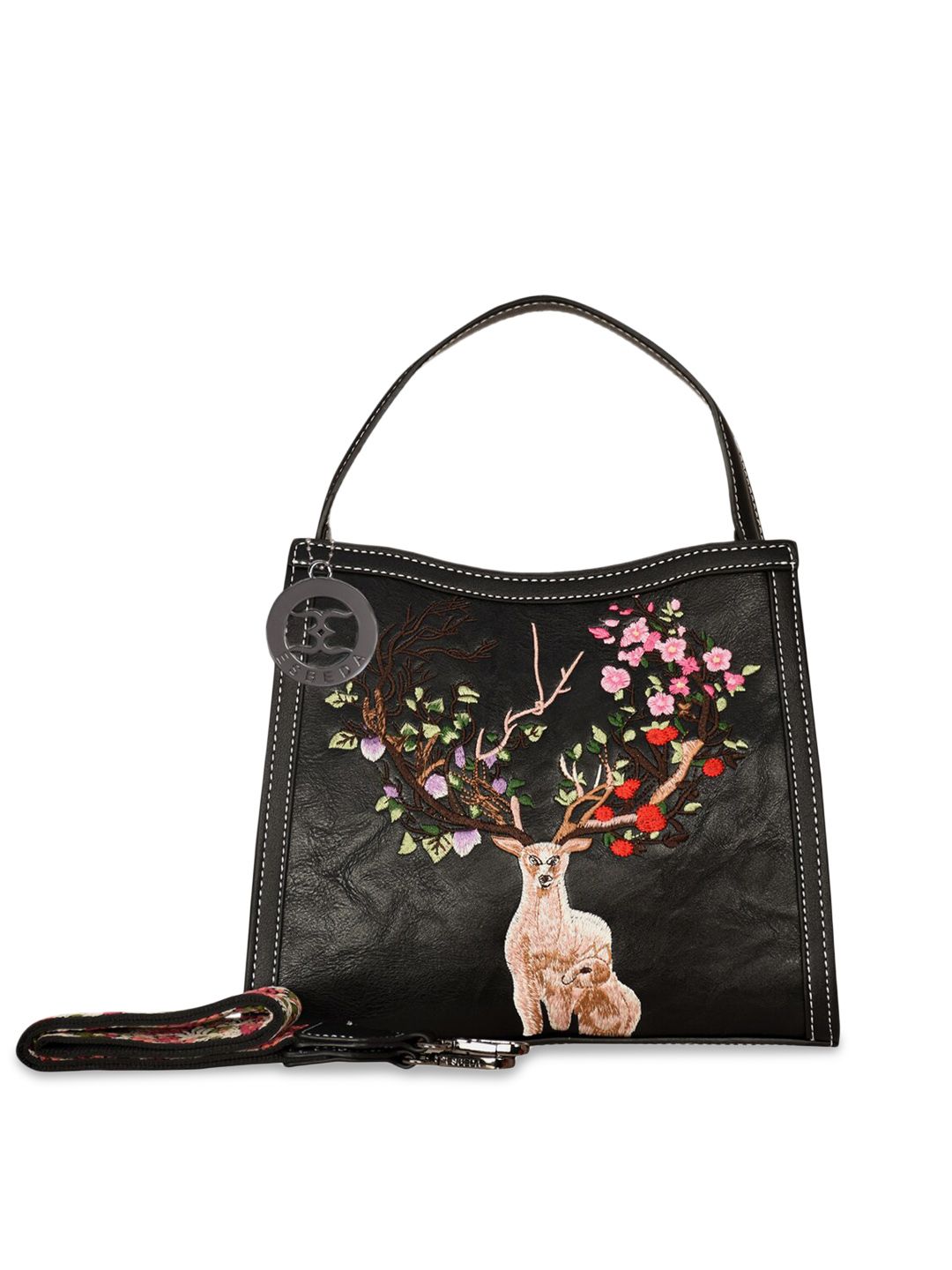 ESBEDA Women Black Color Embroidery Deer & Floral PU Shopper Handheld Bag Price in India