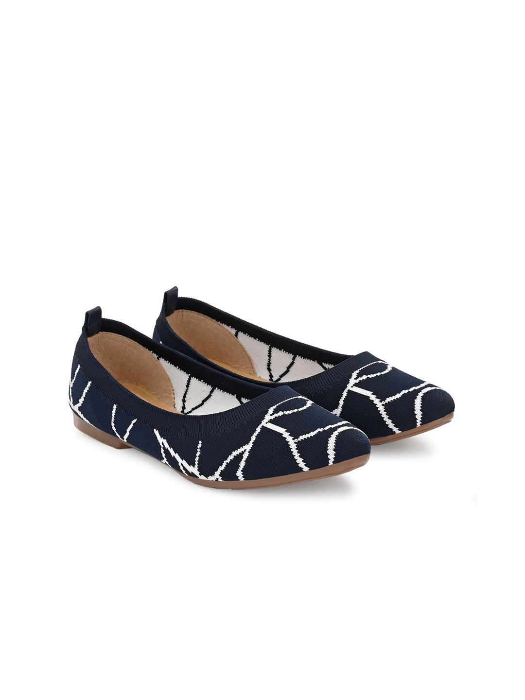 TAURENE Women Navy Blue Printed Ballerinas with Buckles Flats