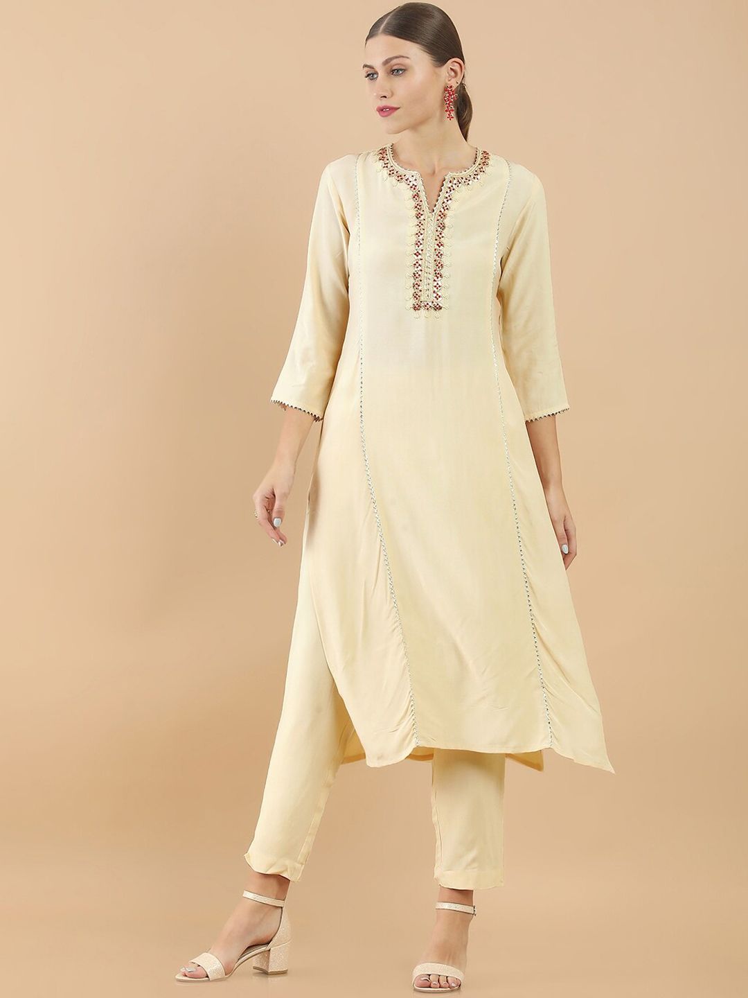 Soch Women Beige Floral Yoke Design Panelled Kurti with Trousers & With Dupatta Price in India