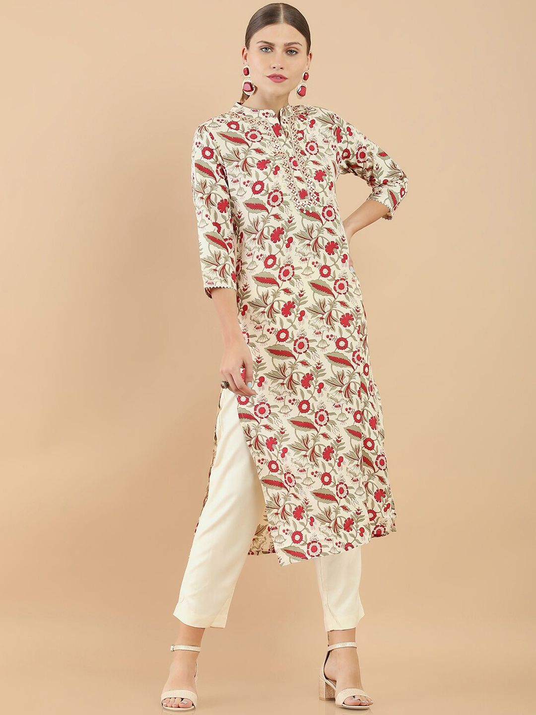 Soch Women Off White Floral Printed Layered Chanderi Cotton Kurta with Trousers Price in India