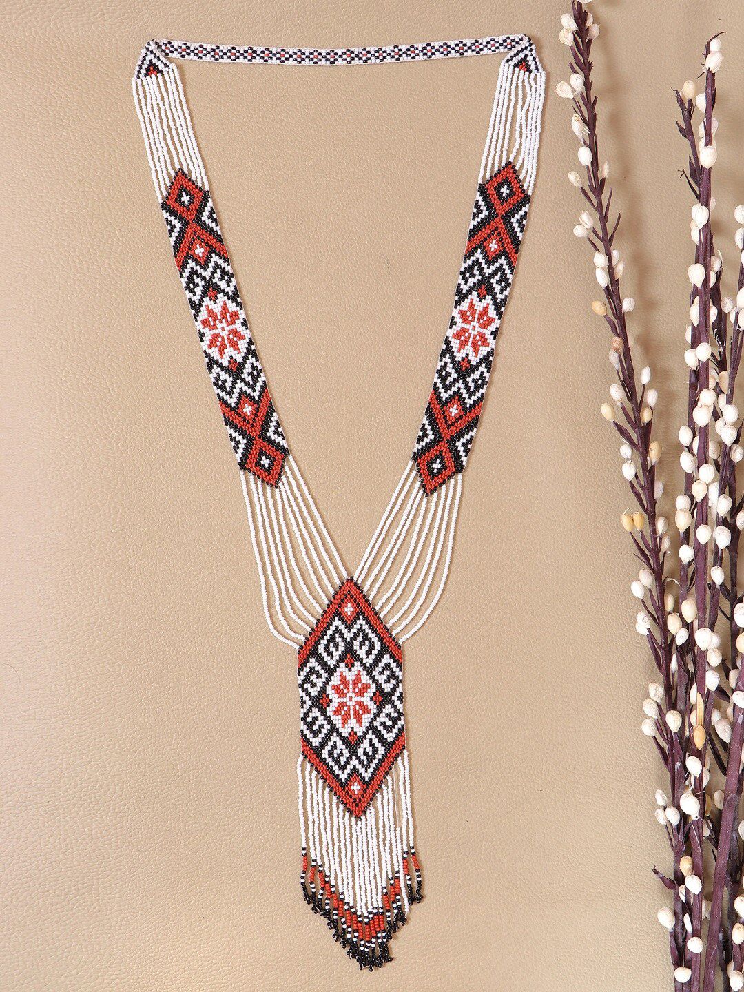Crunchy Fashion White & Red Tribal Boho Beaded Necklace Price in India