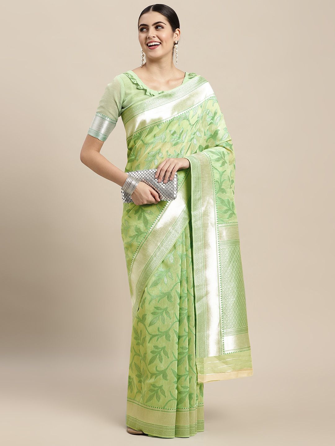 VAIRAGEE Green Floral Pure Silk Saree Price in India