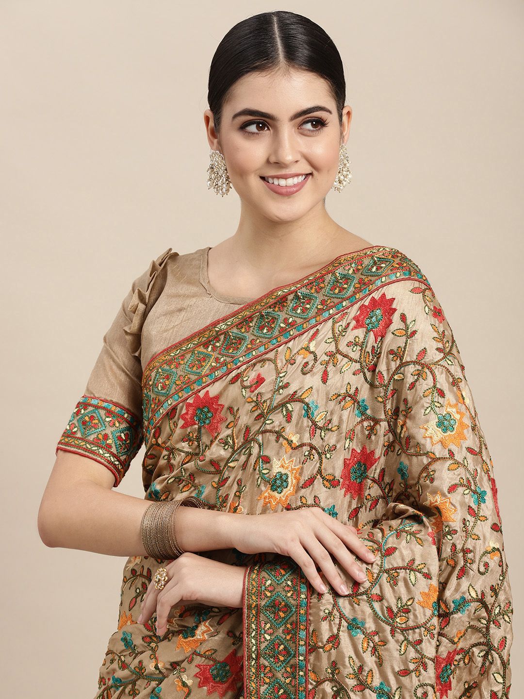 VAIRAGEE Beige & Olive Green Floral Embroidered Silk Blend Saree Price in India
