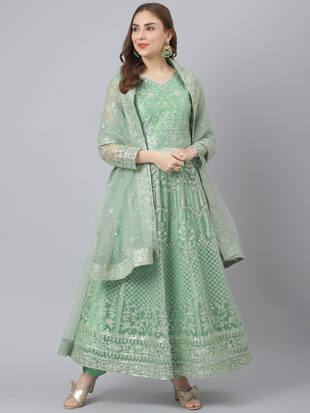 Readiprint Fashions Women Green Embroidered Unstitched Dress Material Price in India