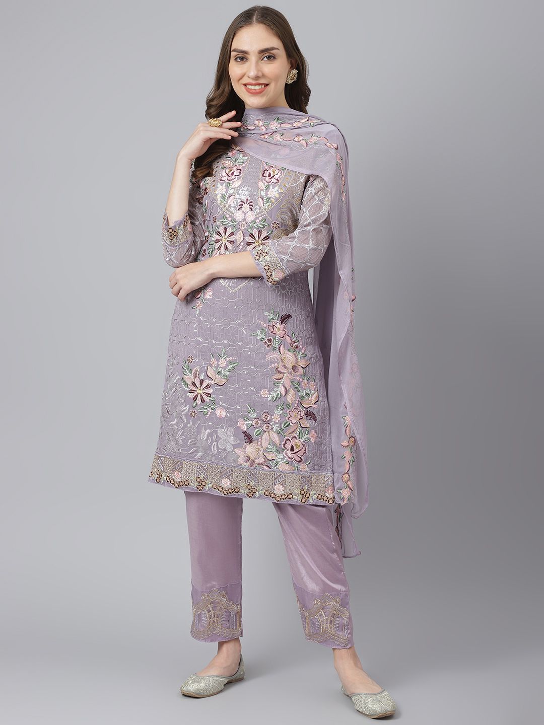 Readiprint Fashions Lavender Embroidered Unstitched Dress Material Price in India