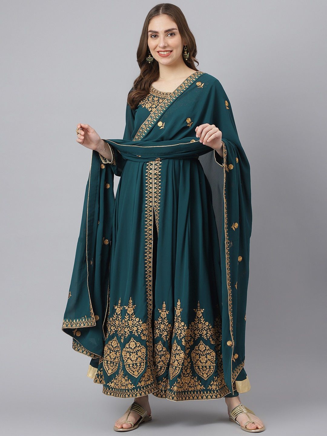 Readiprint Fashions Women Teal Blue & Golden Embroidered Unstitched Dress Material Price in India