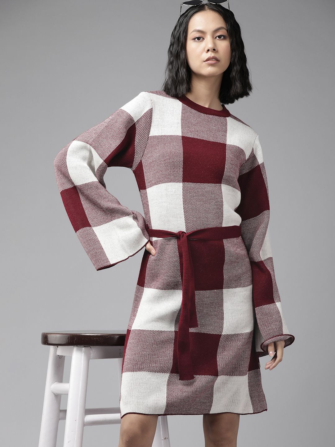 Roadster Maroon & White Acrylic Checked Jumper Dress with Belt Price in India