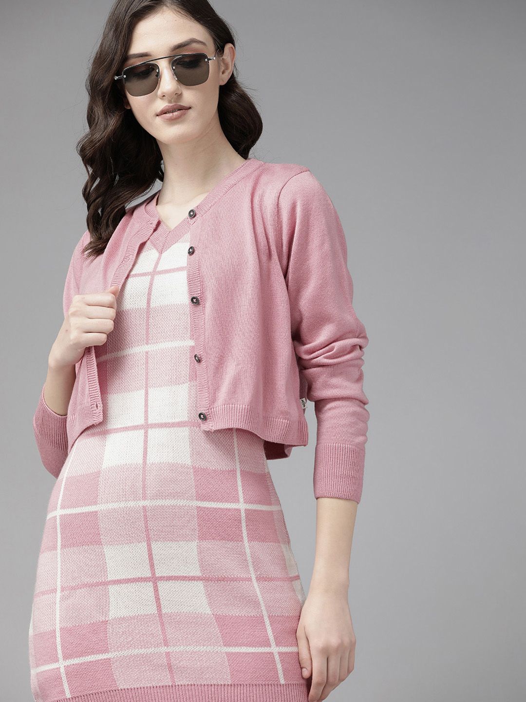 The Roadster Lifestyle Co. Pink & White Checked Acrylic Jumper Dress Price in India