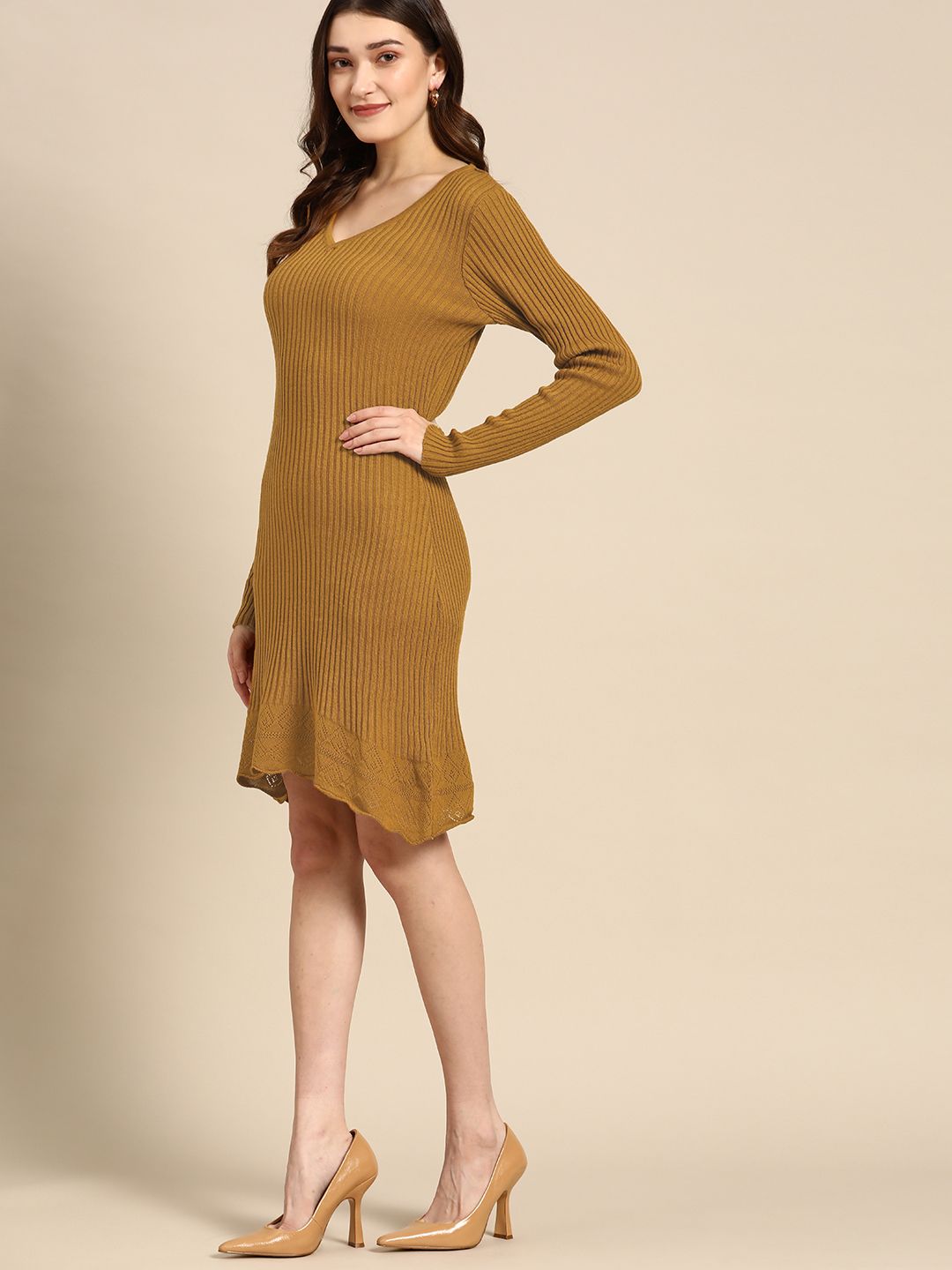 all about you Mustard Yellow Ribbed Acrylic V-Neck Sheath Dress Price in India