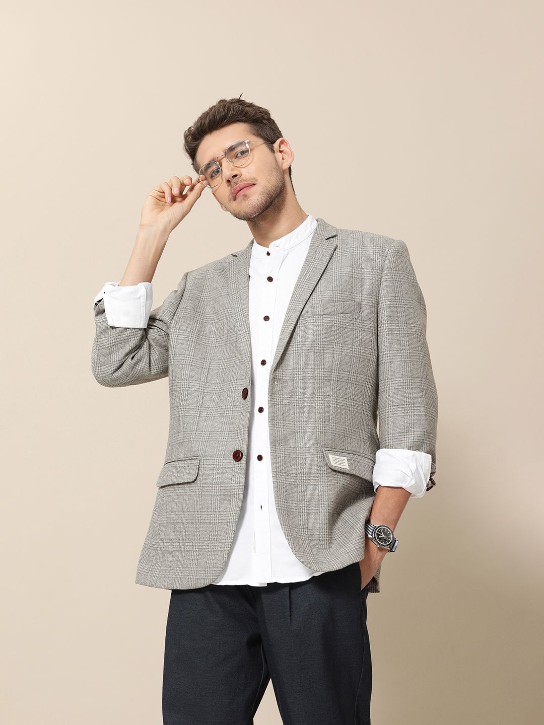 Mr. Bowerbird Men Grey Tailored-Fit Tartan Checked Single Breasted Casual Blazer