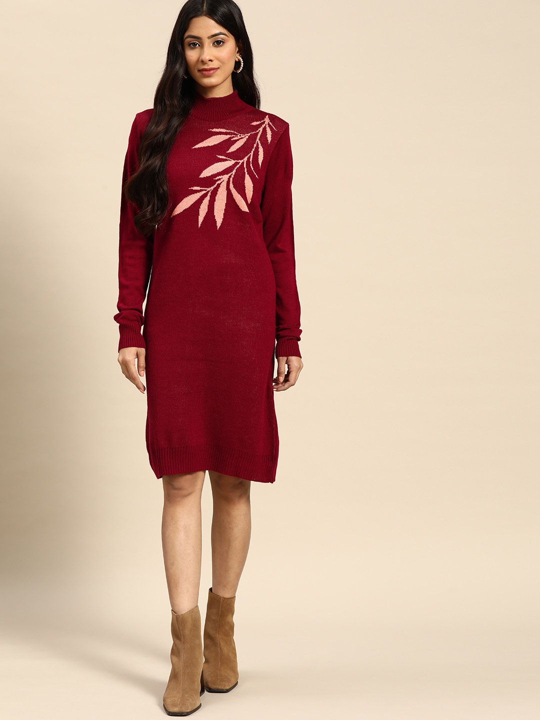 all about you Maroon Floral Pattern High-Neck Acrylic Jumper Dress Price in India