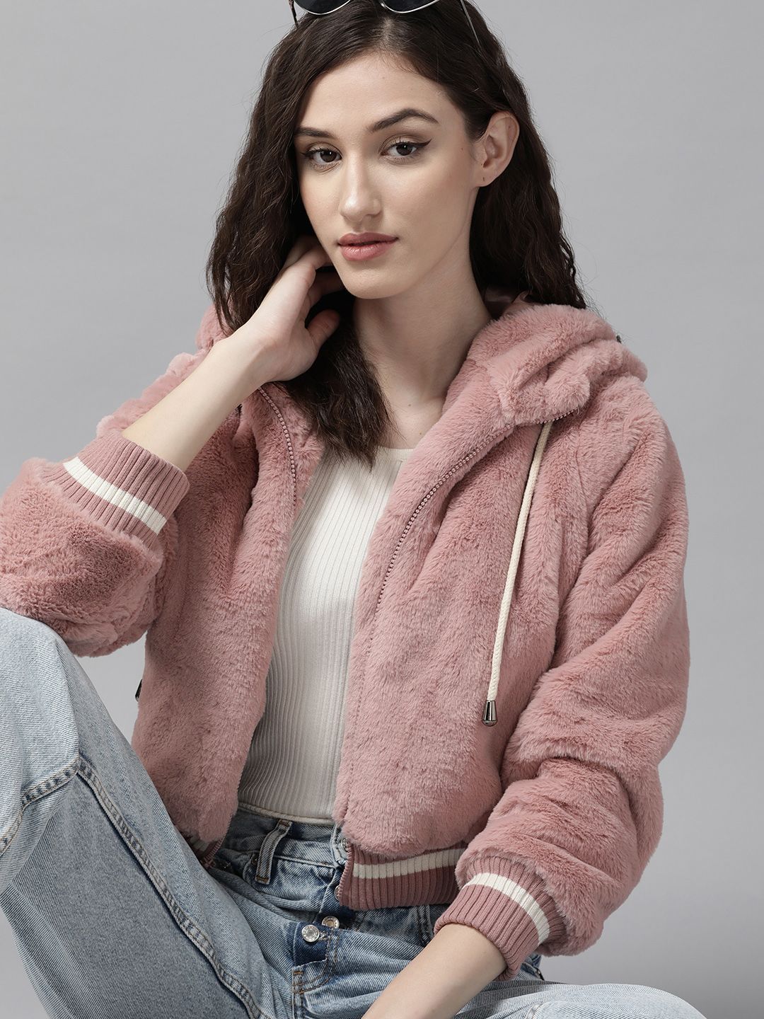 Pink faux shop fur hooded bomber