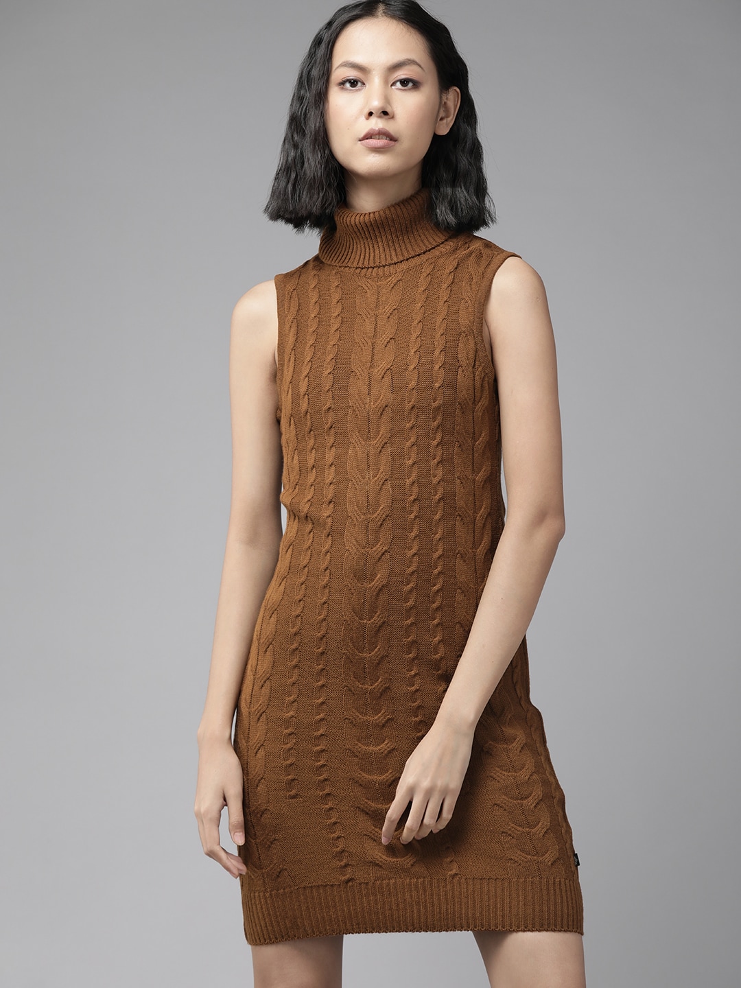 The Roadster Lifestyle Co. Brown Cable Knit Jumper Dress Price in India