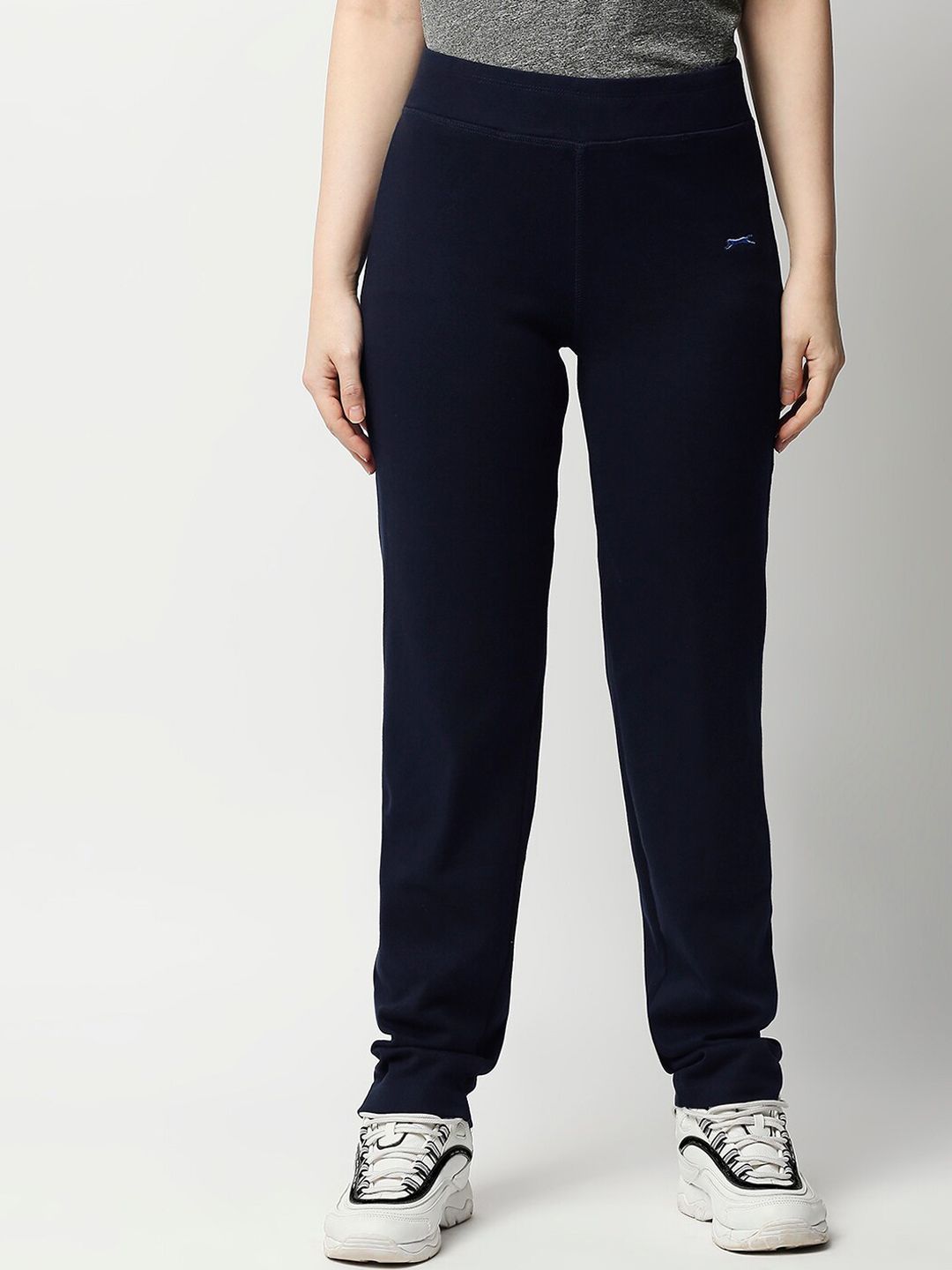 Black Panther Women Navy Blue Solid Slim-Fit Cotton Track Pants Price in India