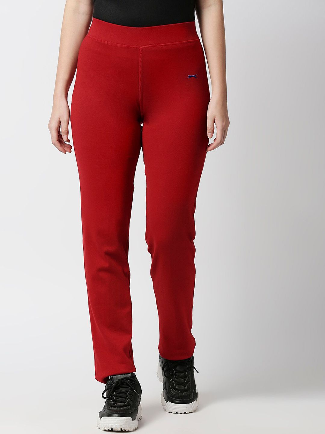 Black Panther Women Red Solid Slim-Fit Cotton Track Pant Price in India