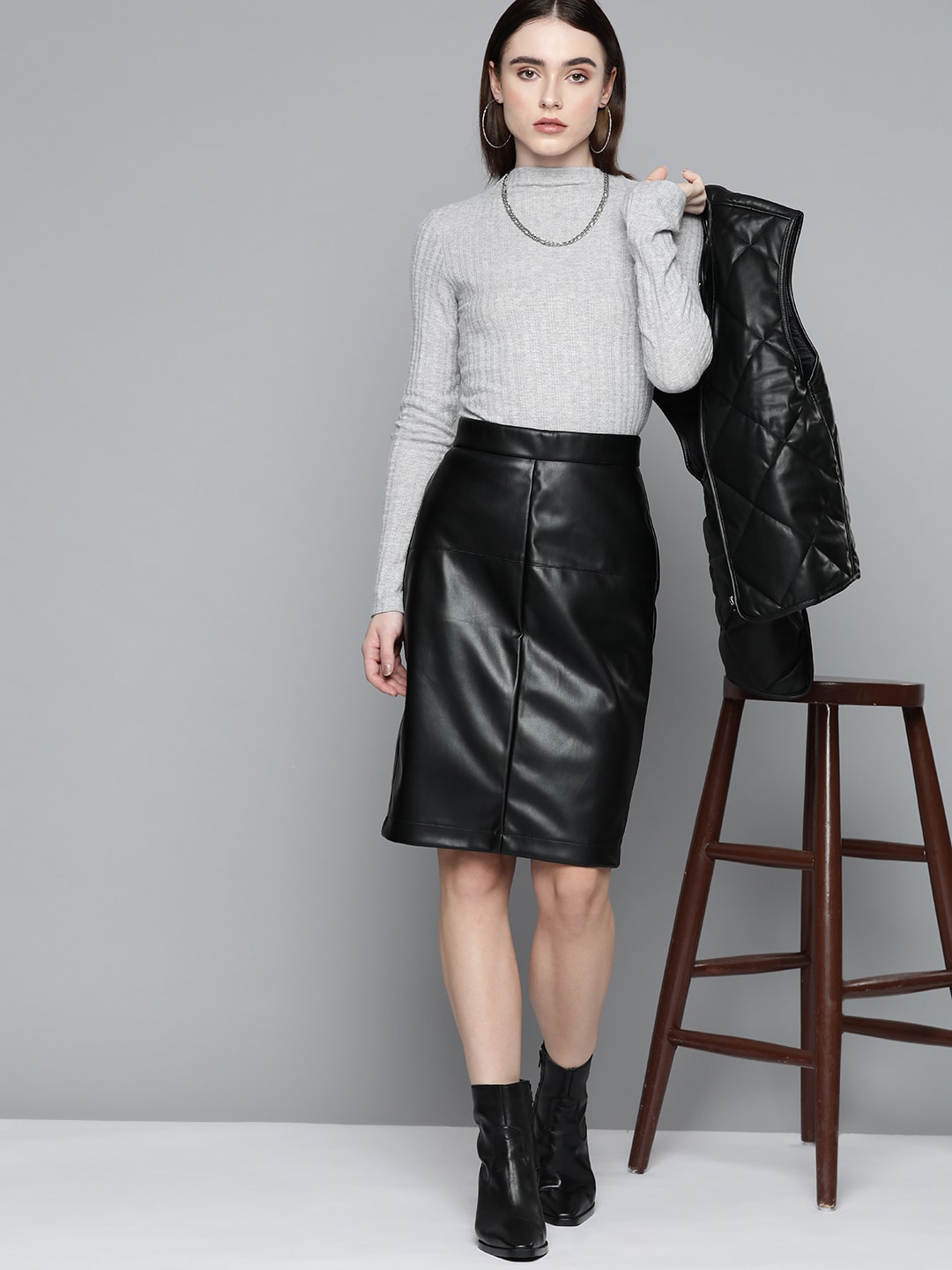 Chemistry Black Black Solid Faux Leather Pencil Skirt Price in India