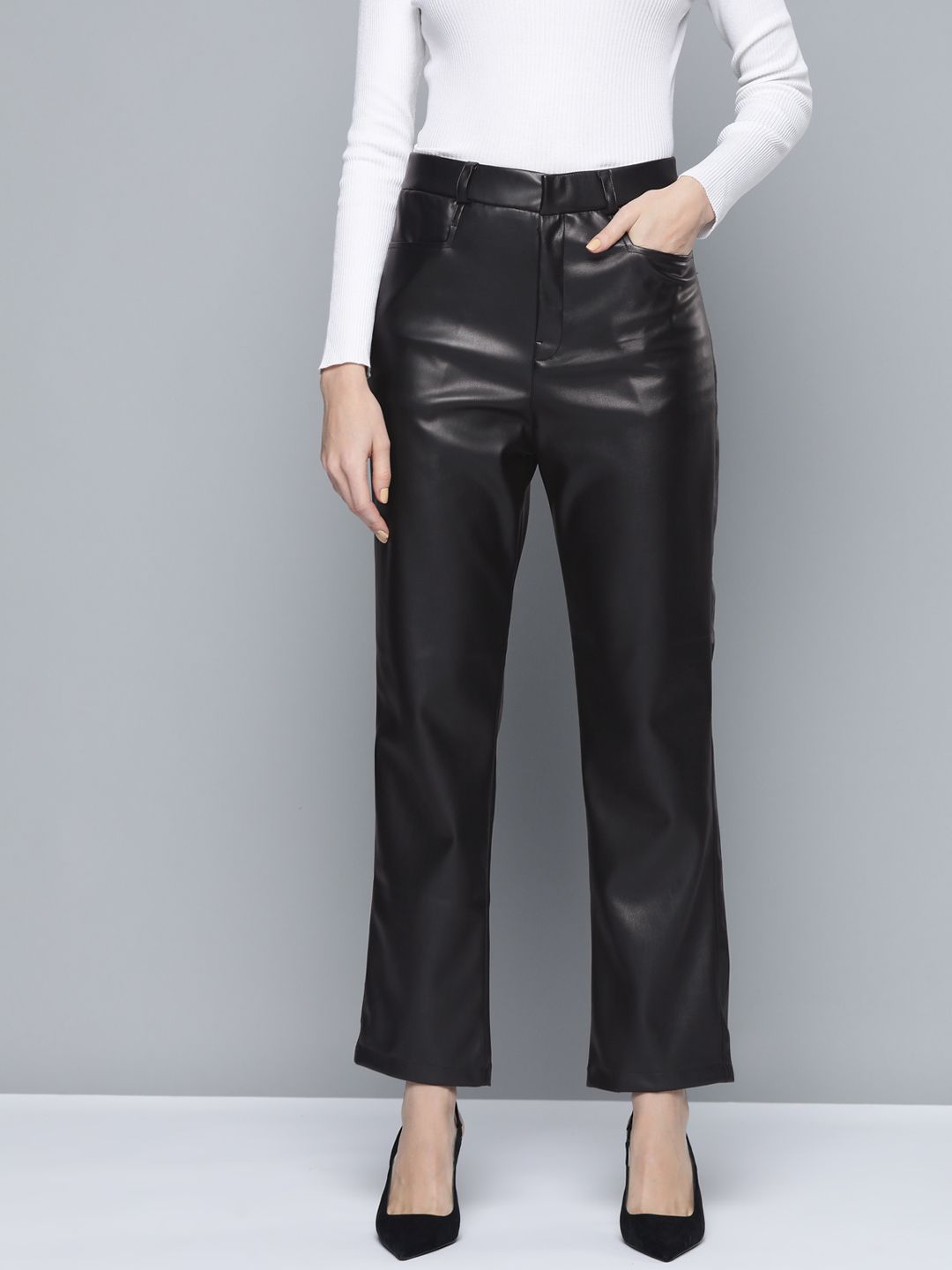 Chemistry Women Black Solid PU Coated Trousers Price in India