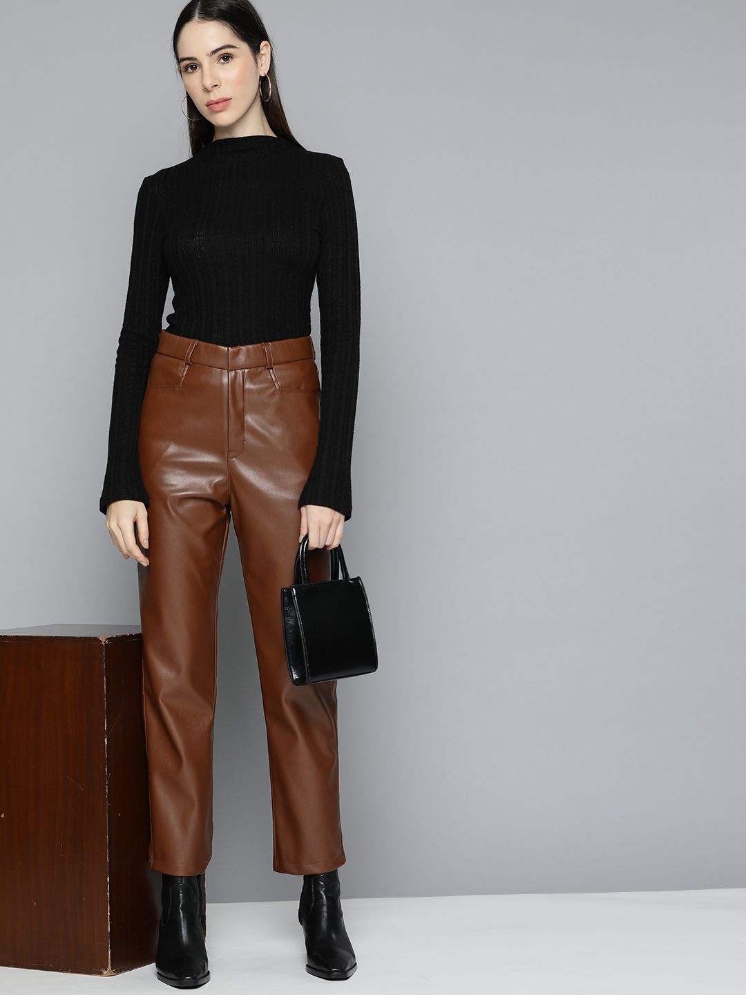 Chemistry Women Coffee Brown Faux Leather Trousers Price in India