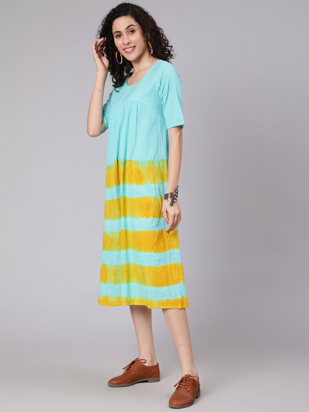 Awadhi Blue Tie and Dye Dyed A-Line Midi Dress Price in India