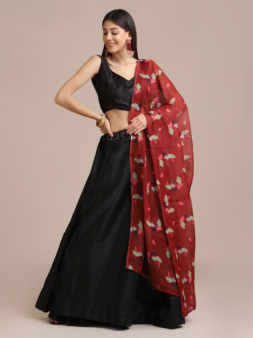 Warthy Ent Black & Red Printed Lehenga & Unstitched Blouse With Dupatta Price in India