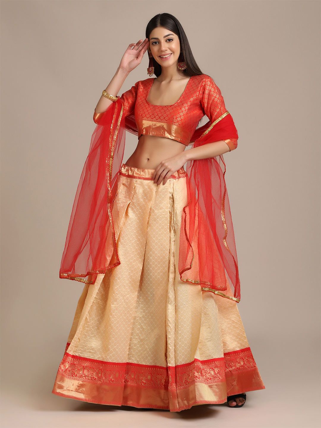 Warthy Ent Cream-Coloured & Red Zardozi Semi-Stitched Lehenga & Unstitched Blouse With Dupatta Price in India