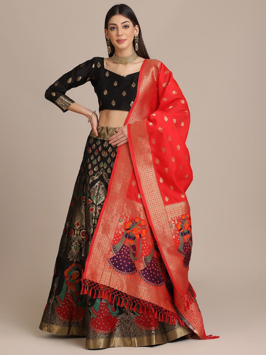 Warthy Ent Black & Red Semi-Stitched Lehenga & Unstitched Blouse With Dupatta Price in India