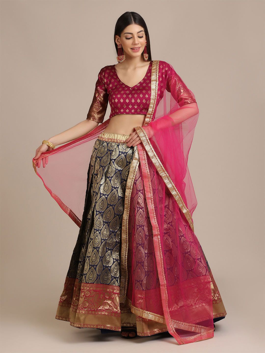 Warthy Ent Blue & Pink Zardozi Semi-Stitched Lehenga & Unstitched Blouse With Dupatta Price in India
