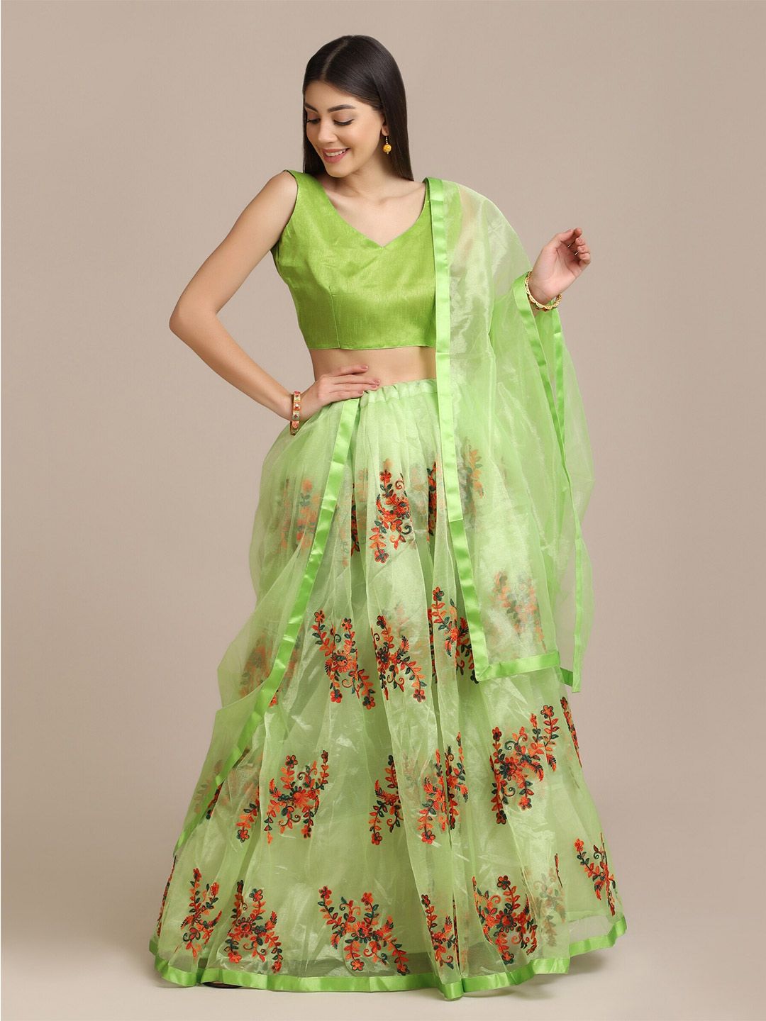 Warthy Ent Women Parrot Green Net Embroided Lehenga Choli Price in India