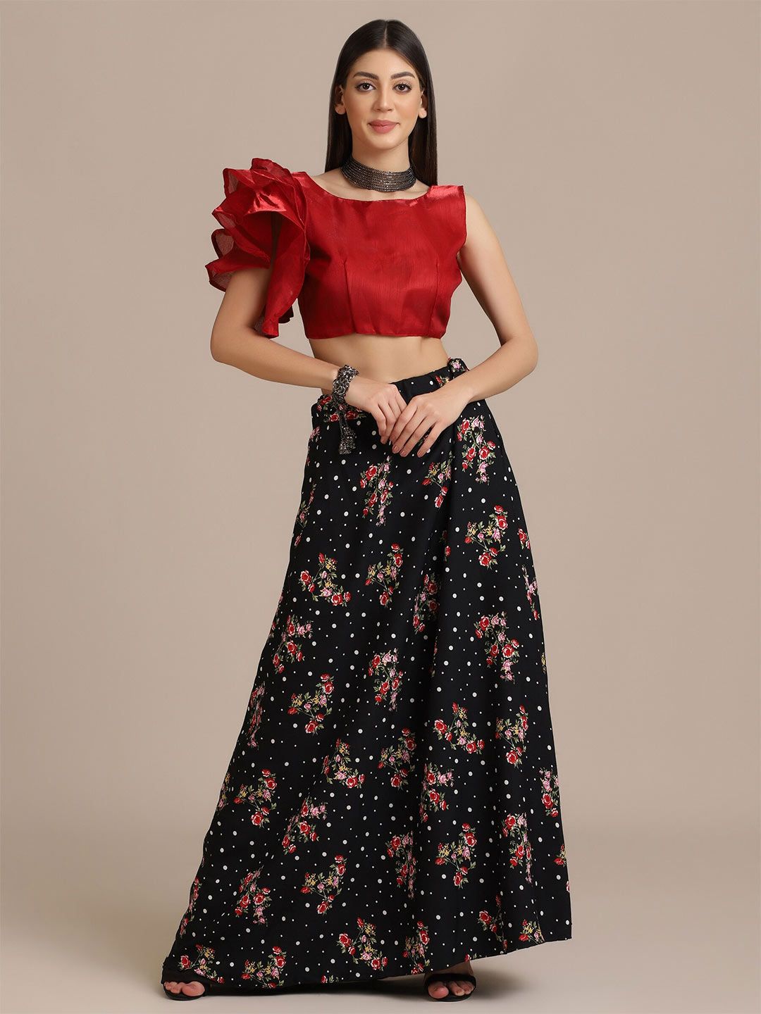 Warthy Ent Black & Red Semi-Stitched Floral printed Lehenga Choli Price in India