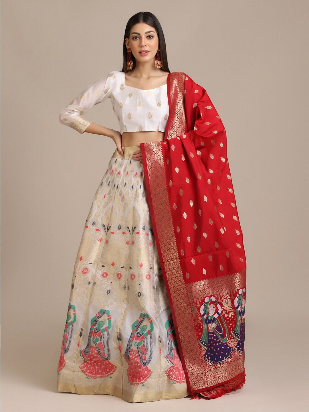 Warthy Ent Women White & Red Woven Design Lehenga Choli Price in India
