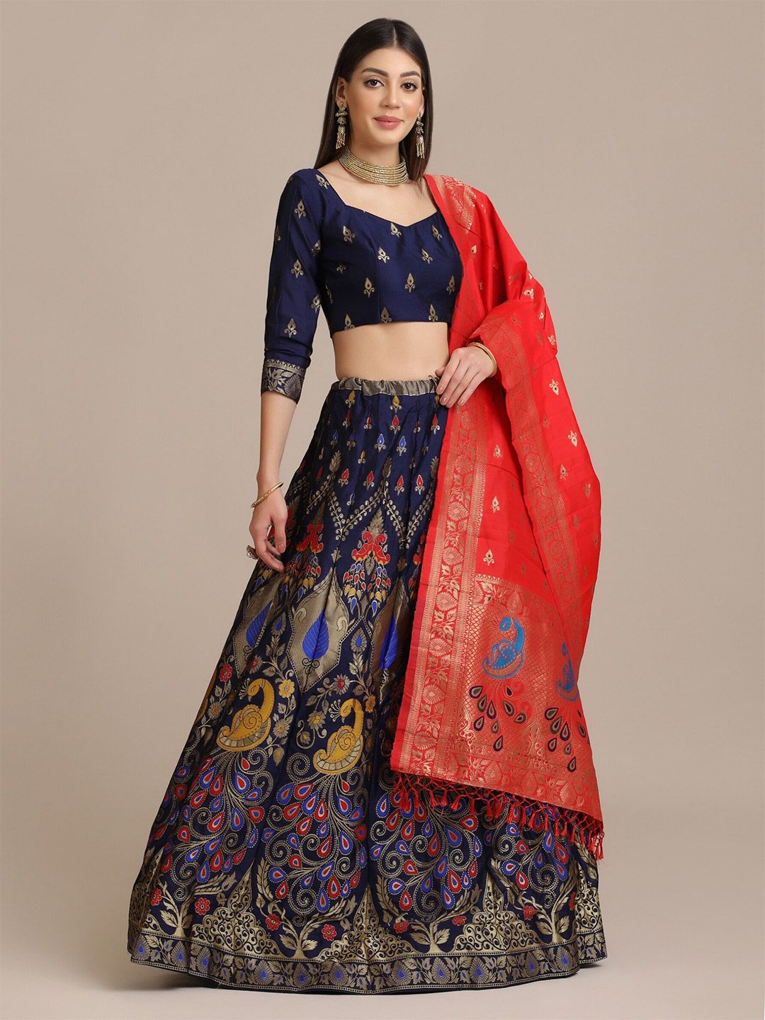 Warthy Ent Navy Blue & Red Semi-Stitched Lehenga & Unstitched Blouse With Dupatta Price in India