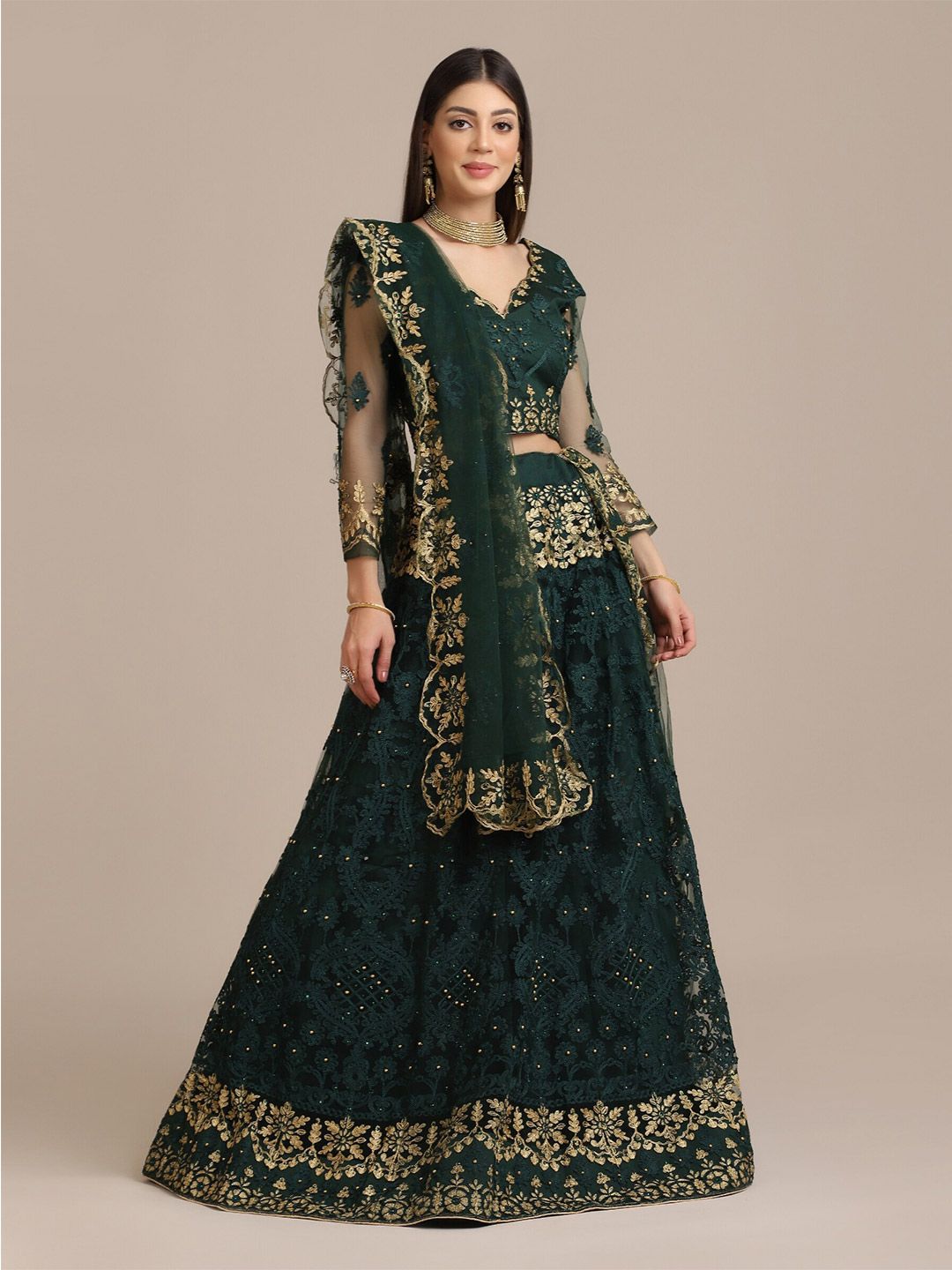 Warthy Ent Green & Gold-Toned Embellished Thread Work Semi-Stitched Lehenga & Unstitched Blouse With Dupatta Price in India
