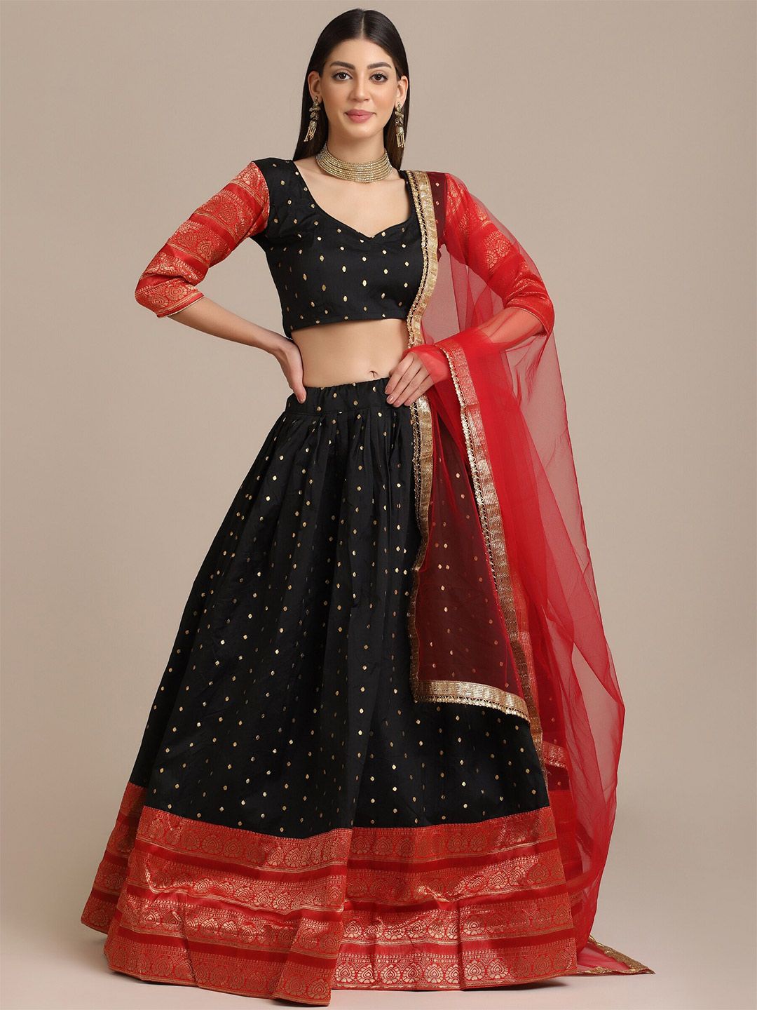 Warthy Ent Women Black & Red Woven Design Lehenga Choli Price in India