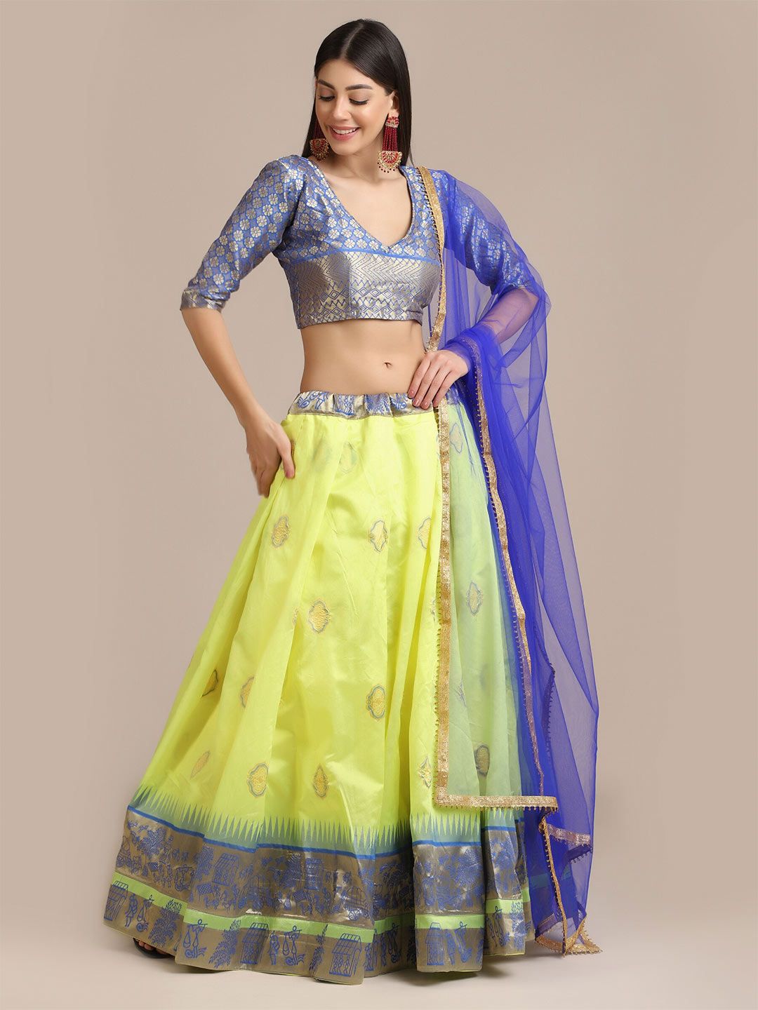 Warthy Ent Women Lime Green & Blue Semi-Stitched Lehenga & Unstitched Blouse With Dupatta Price in India