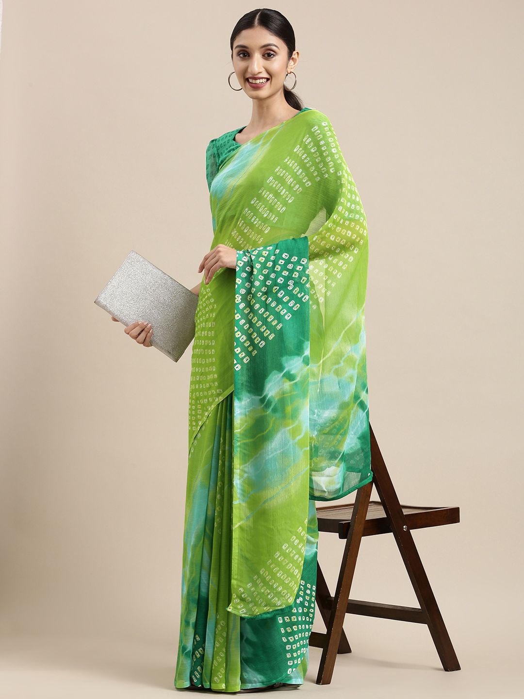 Mitera Green & White Bandhani Pure Chiffon Bandhani Saree Price in India