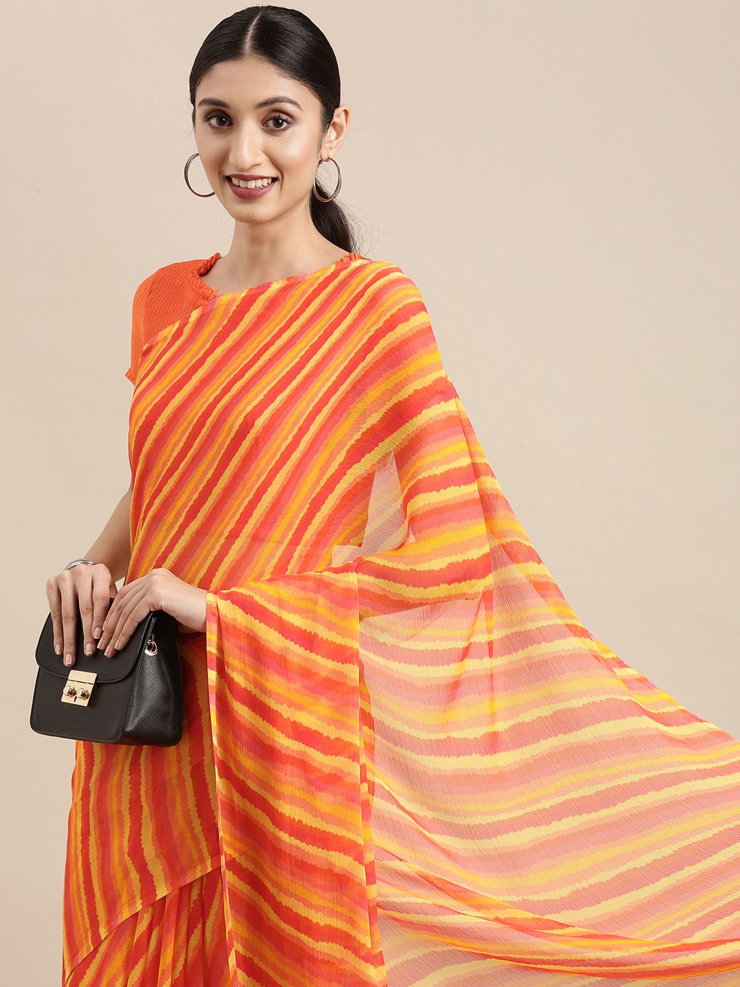 Mitera Orange & Yellow Pure Chiffon Leheriya Saree Price in India