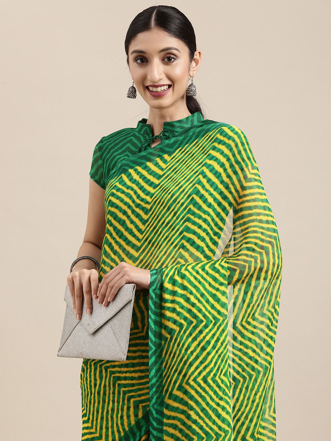 Mitera Green & Yellow Pure Chiffon Leheriya Saree Price in India