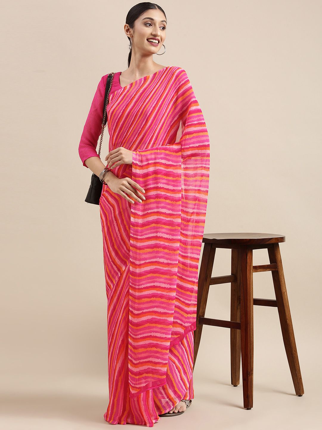 Mitera Pink Pure Chiffon Leheriya Saree Price in India