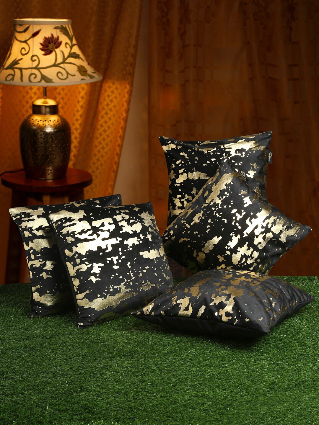 HOSTA HOMES Black & Gold-Toned Set of 5 Geometric Velvet Square Cushion Covers Price in India