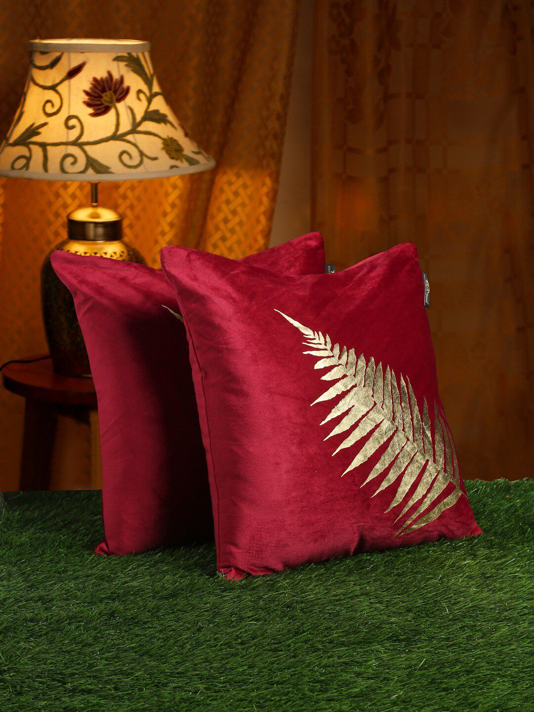 HOSTA HOMES Maroon & Gold-Toned Set of 2 Floral Velvet Square Cushion Covers Price in India