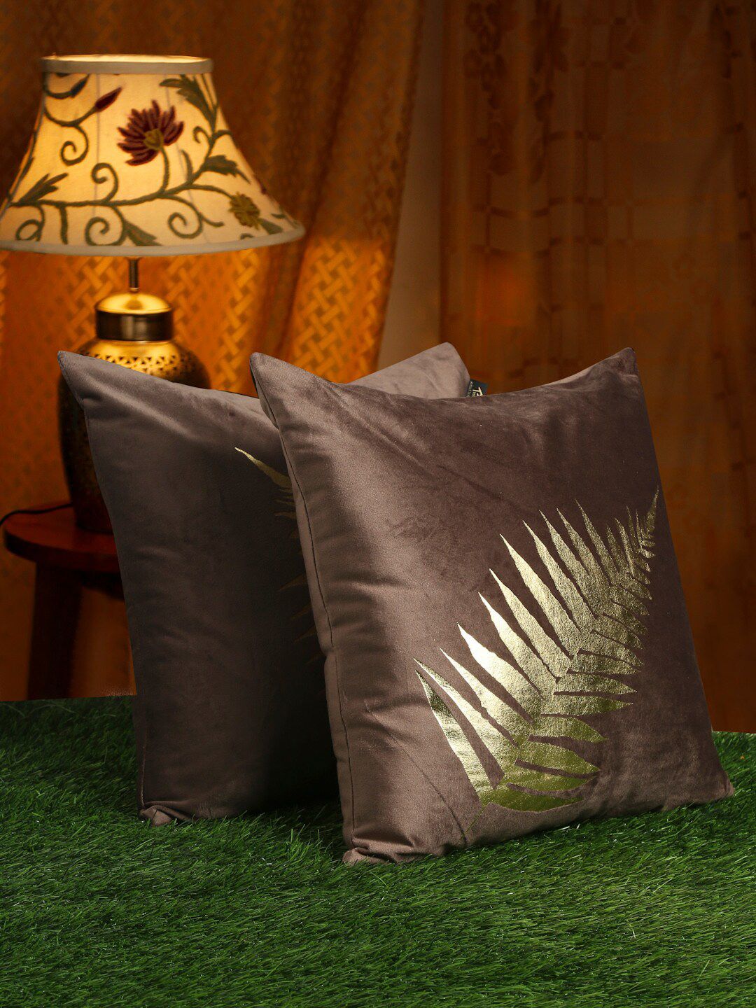 HOSTA HOMES Brown & Gold-Toned Set of 2 Abstract Velvet Square Cushion Covers Price in India