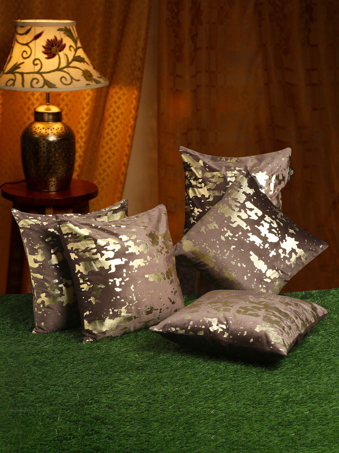 HOSTA HOMES Brown & Gold-Toned Set of 5 Foil Printed Velvet Square Cushion Covers Price in India