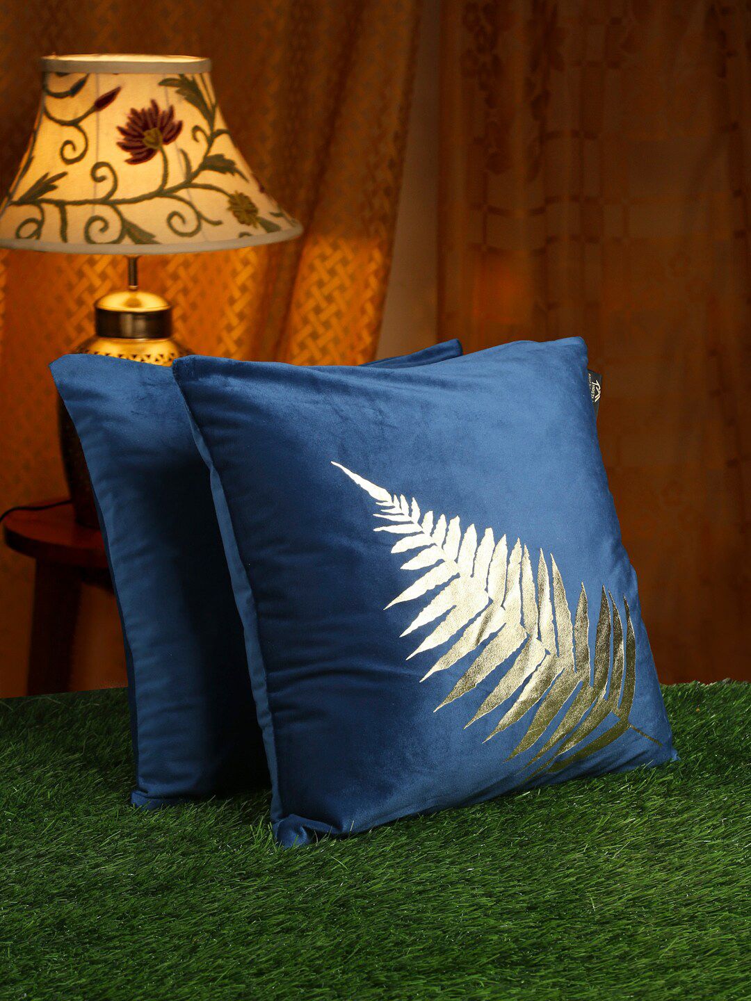 HOSTA HOMES Blue & Gold-Toned Set of 2 Foil Printed Velvet Square Cushion Covers Price in India